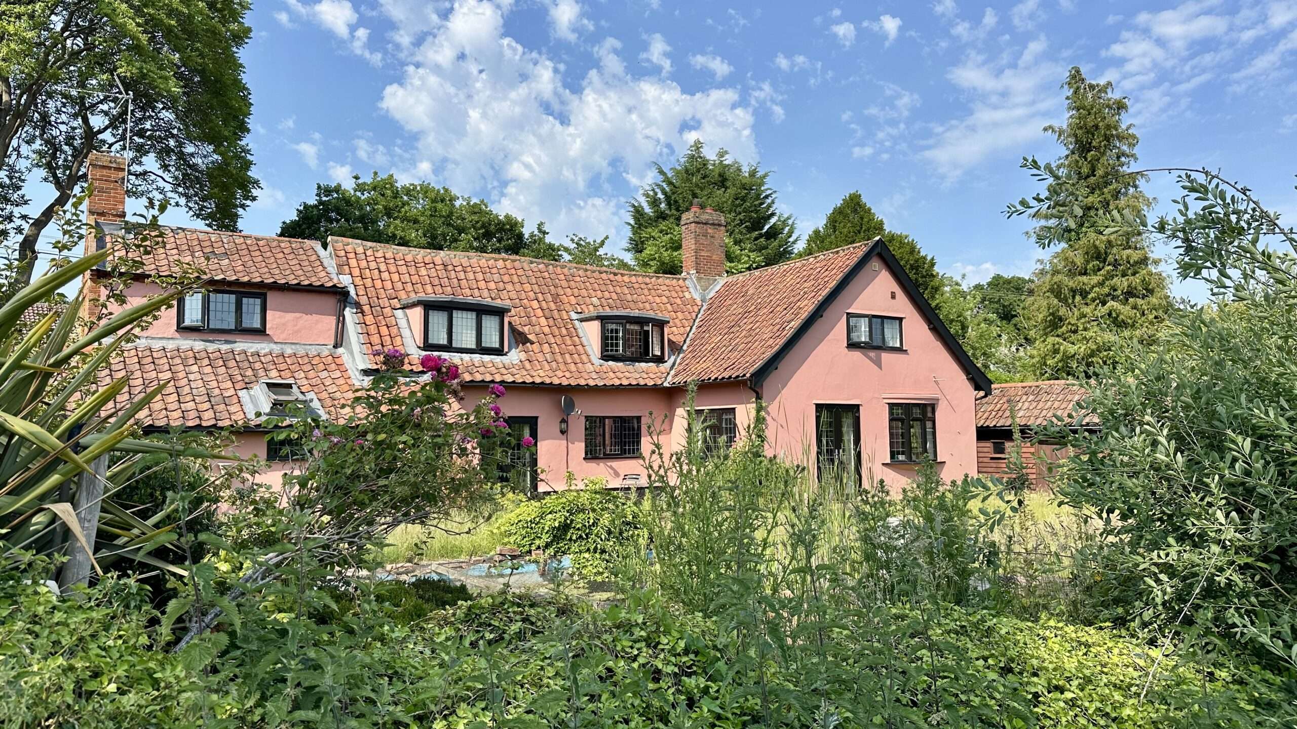 View of Danegelts accommodation from the garden on a sunny day.